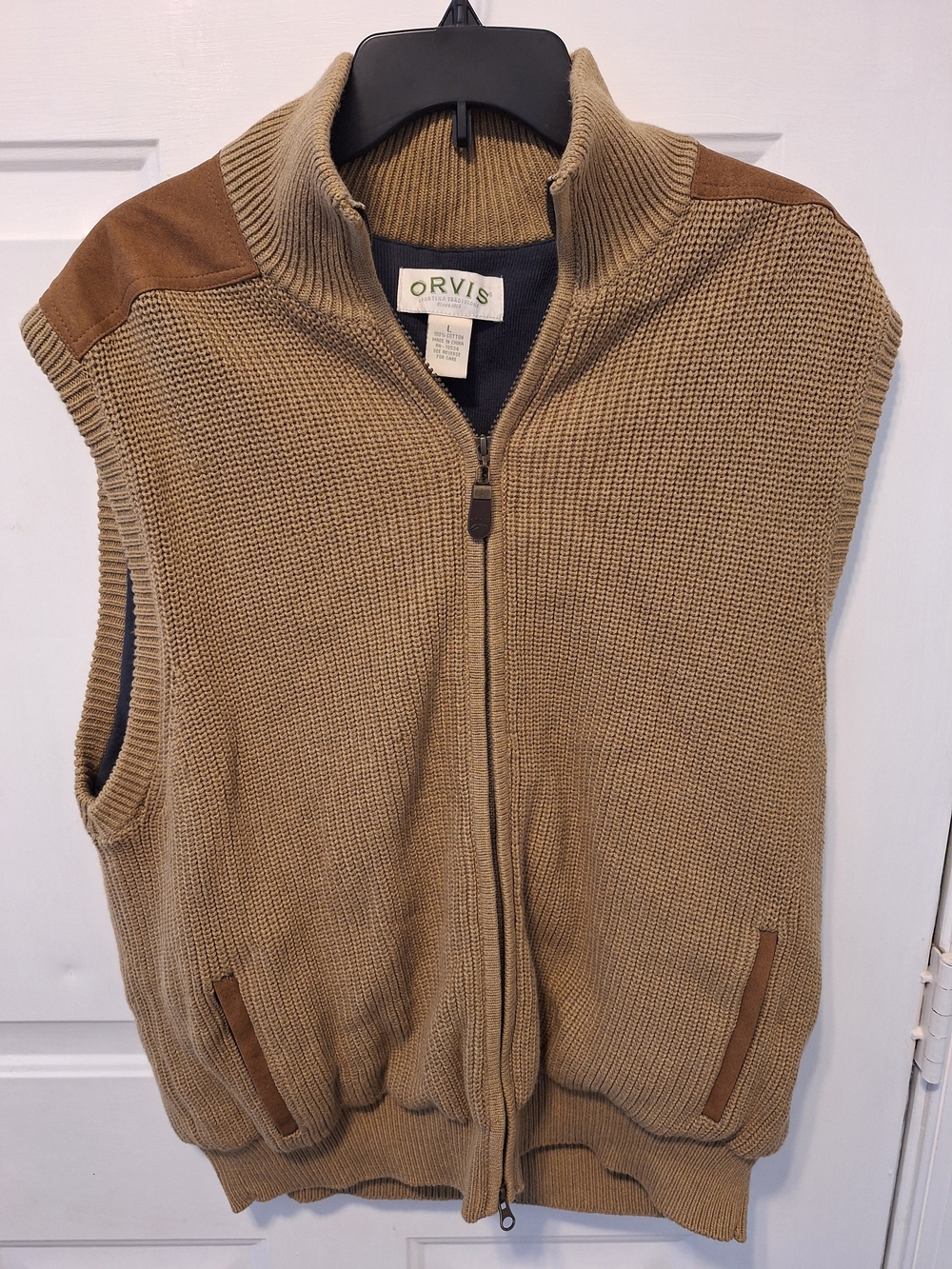Orvis Tan Knit Sleeveless Zip Vest with Brown Trim